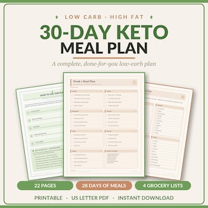 May include: A 30-day keto meal plan document set featuring a green and beige color scheme. The text reads 30-DAY KETO MEAL PLAN, LOW CARB HIGH FAT, HOW TO USE THIS PLAN, Week 1 Meal Plan, 22 PAGES, 28 DAYS OF MEALS, 4 GROCERY LISTS, PRINTABLE, US LETTER PDF, INSTANT DOWNLOAD.