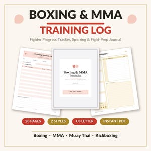 Può includere: Un registro di allenamento di boxe e MMA con tracker dei progressi, diario di sparring e preparazione al combattimento. Il documento include 28 pagine, 2 stili, formato lettera USA ed è un PDF istantaneo per boxe, MMA, Muay Thai e kickboxing.