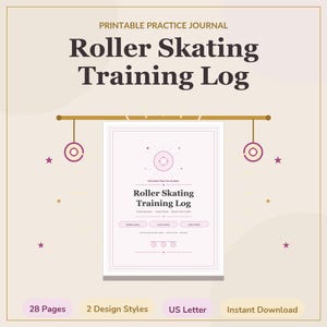Könnte beinhalten: Ein druckbares Übungstagebuch mit dem Titel Roller Skating Training Log. Das Dokument zeigt eine zentrale Seite mit Abschnitten für Fähigkeiten, Tricks und Ziele, verziert mit kleinen Sternsymbolen und einer Rollschuhrolle.