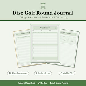 Può includere: Un diario di 28 pagine per disc golf con scorecard e registri del percorso in PDF stampabili. Il documento include una scorecard, un registro del percorso e un riepilogo delle statistiche stagionali con un design verde chiaro.