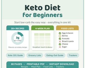 Keto Diet für Anfänger Starterkit | 30+ Rezepte, 4-Wochen-Plan, Lebensmittellisten (druckbare PDF-Datei)