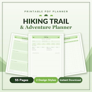 Può includere: Un pianificatore di sentieri escursionistici e avventure in PDF stampabile con 55 pagine e 2 stili di design. Il documento include sezioni per un inventario dell'attrezzatura, un registro dei sentieri con caselle di controllo e una lista.