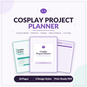 Może przedstawiać: Cyfrowy planer projektów cosplayowych o długości 28 stron w formacie PDF gotowym do druku. Planer zawiera dwa style projektowania do śledzenia kostiumów, materiałów, budżetów, peruk, makijażu oraz przygotowań do konwentów z fioletowym tekstem.