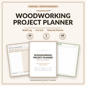 May include: A digital woodworking project planner with 28 pages in 2 styles for US letter size. The document includes a build log, cut list, and material planner. The cover features the text Woodworking Project Planner and The Workshop Companion.