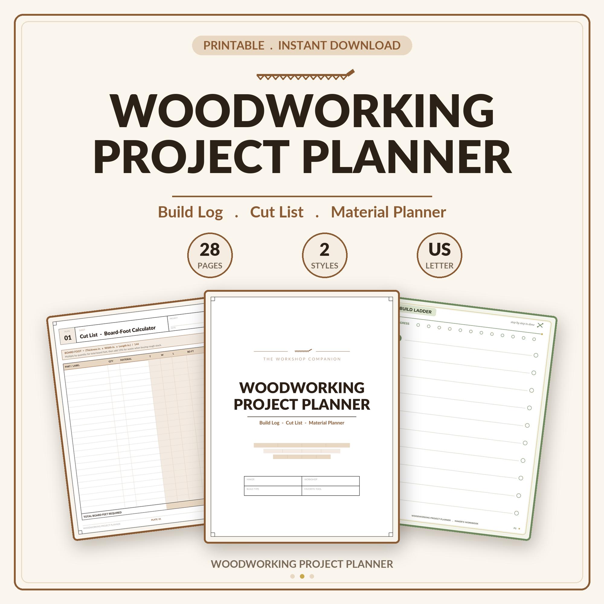 Woodworking Project Planner Build Log, Cut List, Material Planner (PDF Download)