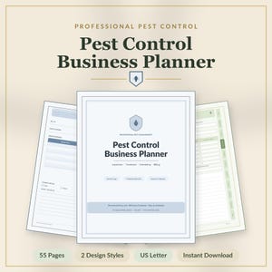 May include: A Pest Control Business Planner with a central cover page featuring a shield icon and the text Pest Control Business Planner, flanked by two interior pages showing service logs, treatment records, and billing forms in US Letter size.