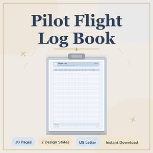 Può includere: Un registro di volo per piloti con una griglia per tracciare i dati di volo. Il documento presenta un'intestazione con la scritta Flight Log, colonne per data, aeromobile e note, e include 30 pagine nel formato standard US Letter.