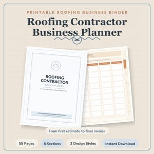 Può includere: Un planner aziendale stampabile per appaltatori di coperture con una copertina che riporta il testo Roofing Contractor Business Planner e una pagina interna che mostra una tabella di monitoraggio dei lavori con varie colonne.