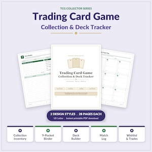 May include: A Trading Card Game Collection & Deck Tracker printable PDF with three visible pages. The central cover page displays the title and three card icons. Side pages show a Deck Builder layout and a page map. Includes 28 pages in US Letter size.