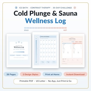 Könnte beinhalten: Ein Cold Plunge & Sauna Wellness-Logbuch als druckbares PDF mit 28 Seiten und 2 Designstilen. Das Dokument enthält einen 30-Tage-Challenge-Tracker, tägliche Protokolle für Kälte- und Wärmeanwendungen sowie eine Temperatur-Verlaufsskala.