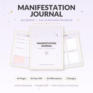 May include: A digital manifestation journal workbook featuring a 369 method and law of attraction guide. The cover and interior pages are light purple with gold accents, moon icons, and stars. Text includes Manifestation Journal, 46 Pages, 30-Day 369, 50 Affirmations, and 2 Designs.