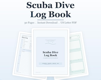Puede incluir: Un libro de registro de buceo imprimible de 30 páginas en formato PDF US Letter. El documento incluye secciones para perfiles de inmersión, condiciones, vida marina, equipo y planificación de viajes, con una portada titulada Scuba Dive Log Book.