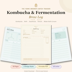 Kombucha Fermentation Brew Log | Batch Tracker, Recipe Notebook (Printable PDF)