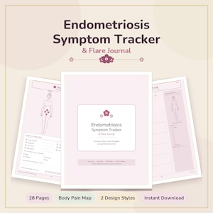 May include: A digital Endometriosis Symptom Tracker & Flare Journal with 28 pages, featuring a body pain map, symptom logs, and flare relief sections. The design uses a soft pink colour palette with dark text and floral accents throughout.