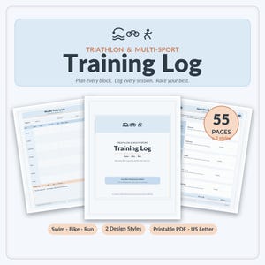 Op de afbeelding: Een printbaar triatlon- en multisport-trainingslogboek in PDF-formaat, US Letter-formaat. Het document bevat 55 pagina's in 2 stijlen, inclusief wekelijkse trainingslogboeken en hartslagzonediagrammen met zwem-, fiets- en hardloopiconen.