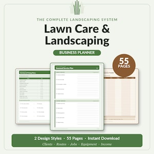 May include: A 55-page lawn care and landscaping business planner featuring a seasonal service plan, services and pricing menu, and expense tracker. The document includes green and brown accents with organised checklists for clients, routes, jobs, and income.