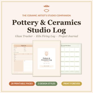 May include: A digital studio log for pottery and ceramics featuring 28 printable pages and 2 design styles. The cover displays the text THE CERAMIC ARTIST'S STUDIO COMPANION, Pottery & Ceramics Studio Log, Glaze Tracker, Kiln Firing Log, Project Journal.