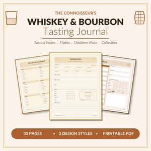 Puede incluir: Un diario de cata de whisky y bourbon de 30 páginas con 2 estilos de diseño en formato PDF imprimible. La portada presenta el texto THE CONNOISSEUR'S WHISKEY & BOURBON Tasting Journal, con páginas interiores que muestran ruedas de sabores.