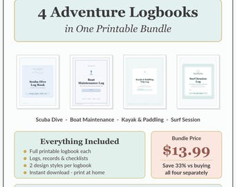 Water Sports Log Bundle: Scuba Dive, Boat, Kayak, Surf Adventure Logbooks (Printable Download)