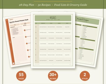 Piano alimentare Paleo stampabile in PDF / Piano di 28 giorni con 30 ricette, lista degli alimenti e guida alla spesa / Download immediato