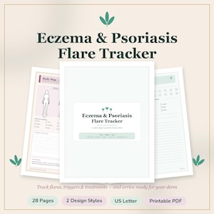Könnte beinhalten: Ein druckbares Eczema & Psoriasis Flare Tracker Dokumentenset mit 28 Seiten. Das Deckblatt zeigt den Titel und einen Untertitel, während die Innenseiten eine Körperkarte, Symptom-Checklisten und tägliche Protokollabschnitte zur Dokumentation enthalten.