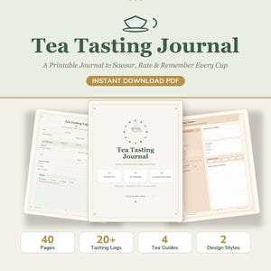 Może przedstawiać: Cyfrowy dziennik degustacji herbaty w formacie PDF do druku. Okładka zawiera ikonę filiżanki herbaty oraz tekst Tea Tasting Journal. Zawiera 40 stron, ponad 20 dzienników degustacji, 4 przewodniki po herbatach i 2 style projektowe.