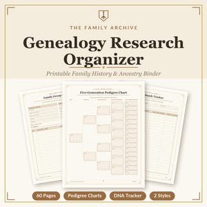 May include: A genealogy research organizer featuring a five-generation pedigree chart, family group sheet, and match tracker. The printable pages have a cream background with dark brown text and borders, including the title The Family Archive.