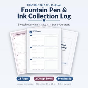 May include: A printable fountain pen and ink collection log featuring three white pages with dark blue text. The pages include sections for ink swatch cards and ink swatch logs with fields for ink name, brand, and pen name, sized at 8.5 x 11 inches.