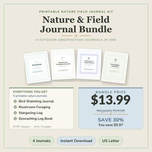 May include: A printable nature field journal kit titled Nature & Field Journal Bundle, featuring four outdoor observation journals: Bird Watching, Mushroom Foraging, Astronomy & Stargazing, and Geocaching. Includes 8 PDF designs, 28 to 30 pages each.