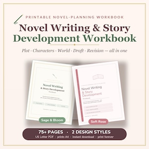 Op de afbeelding: Een printbaar werkboek voor romanplanning in twee stijlen: Sage & Bloom en Soft Rose. De tekst luidt Novel Writing & Story Development Workbook, Plot, Characters, World, Draft, Revision—all in one. Bevat meer dan 75 pagina's.