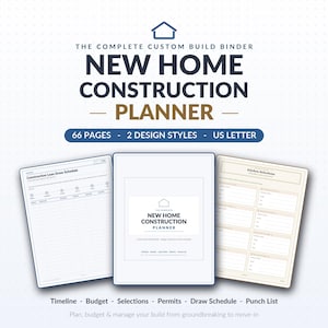 May include: A New Home Construction Planner binder with 66 pages in US Letter size. The cover features a house icon and the text THE COMPLETE CUSTOM BUILD BINDER NEW HOME CONSTRUCTION PLANNER. Includes pages for Construction Loan Draw Schedule and Kitchen Selections, plus sections for Timeline, Budget, Selections, Permits, Draw Schedule, and Punch List.