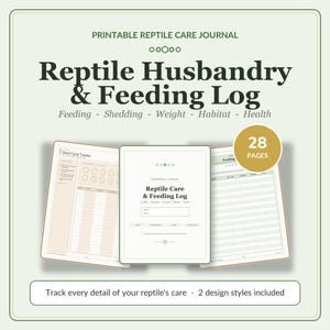 Puede incluir: Un diario de cuidado de reptiles imprimible con una portada y dos hojas de registro internas. El texto dice Printable Reptile Care Journal, Reptile Husbandry & Feeding Log, Feeding - Shedding - Weight - Habitat - Health y 28 Pages.