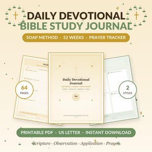 Könnte beinhalten: Ein tägliches Andachts- und Bibelstudienjournal als druckbares PDF im US-Letter-Format. Das Cover und die Innenseiten enthalten den Text Daily Devotional Bible Study Journal, SOAP Method, 52 Weeks, Prayer Tracker, 64 Pages und 2 Styles.