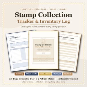 Könnte beinhalten: Ein druckbares PDF-Set Stamp Collection Tracker & Inventory Log mit einem Deckblatt, einem Collection at a Glance-Blatt und einem Value & Appreciation Tracker. Enthält Schaltflächen für Inventory, Mount Sheets, Value Tracker, Want List und Insurance.