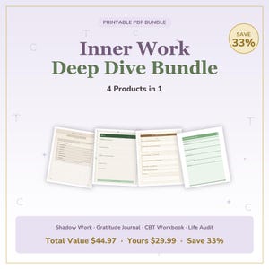 Könnte beinhalten: Ein druckbares PDF-Paket mit dem Titel Inner Work Deep Dive Bundle, das 4 Produkte in 1 enthält. Das Set zeigt vier Dokumentenseiten mit verschiedenen Layouts, einschließlich Listen und Formularen, vor einem hellvioletten Hintergrund mit Symbolen.
