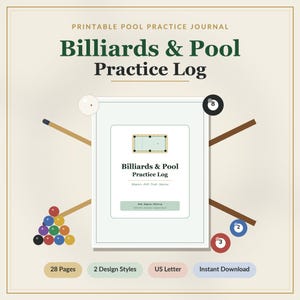 Puede incluir: Un diario de práctica imprimible Billiards & Pool Practice Log con una página central que muestra un diagrama de mesa de billar y el texto Billiards & Pool Practice Log, rodeado de tacos, un rack de bolas de billar y bolas numeradas.