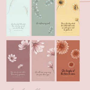 Puede incluir: Seis impresiones digitales rectangulares verticales con ilustraciones florales y vers&iacute;culos b&iacute;blicos. Los colores incluyen azul claro, verde salvia, amarillo, malva, rosa viejo y terracota. El texto incluye vers&iacute;culos de Mateo, Salmos y Proverbios.