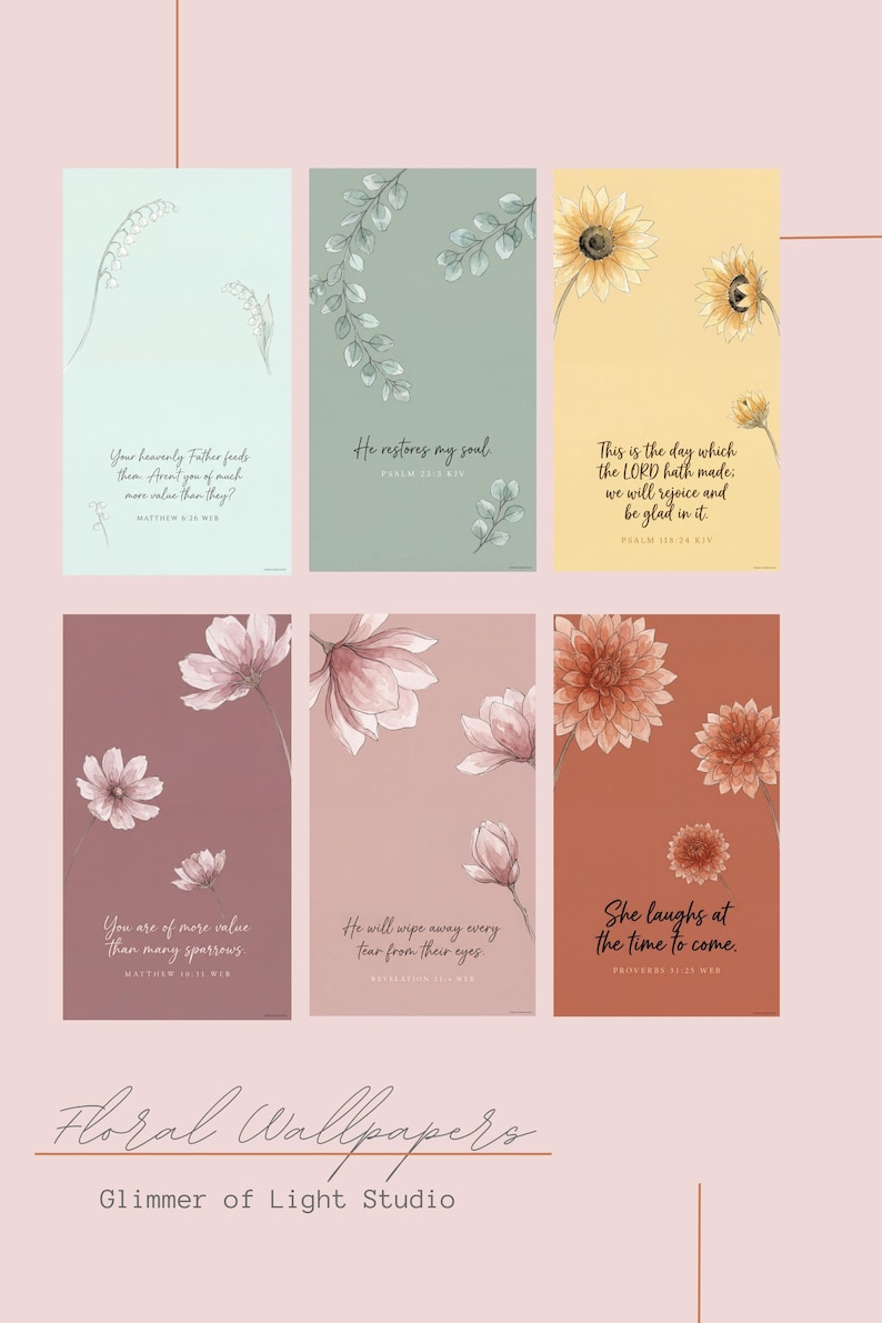 Puede incluir: Seis impresiones digitales rectangulares verticales con ilustraciones florales y vers&iacute;culos b&iacute;blicos. Los colores incluyen azul claro, verde salvia, amarillo, malva, rosa viejo y terracota. El texto incluye vers&iacute;culos de Mateo, Salmos y Proverbios.