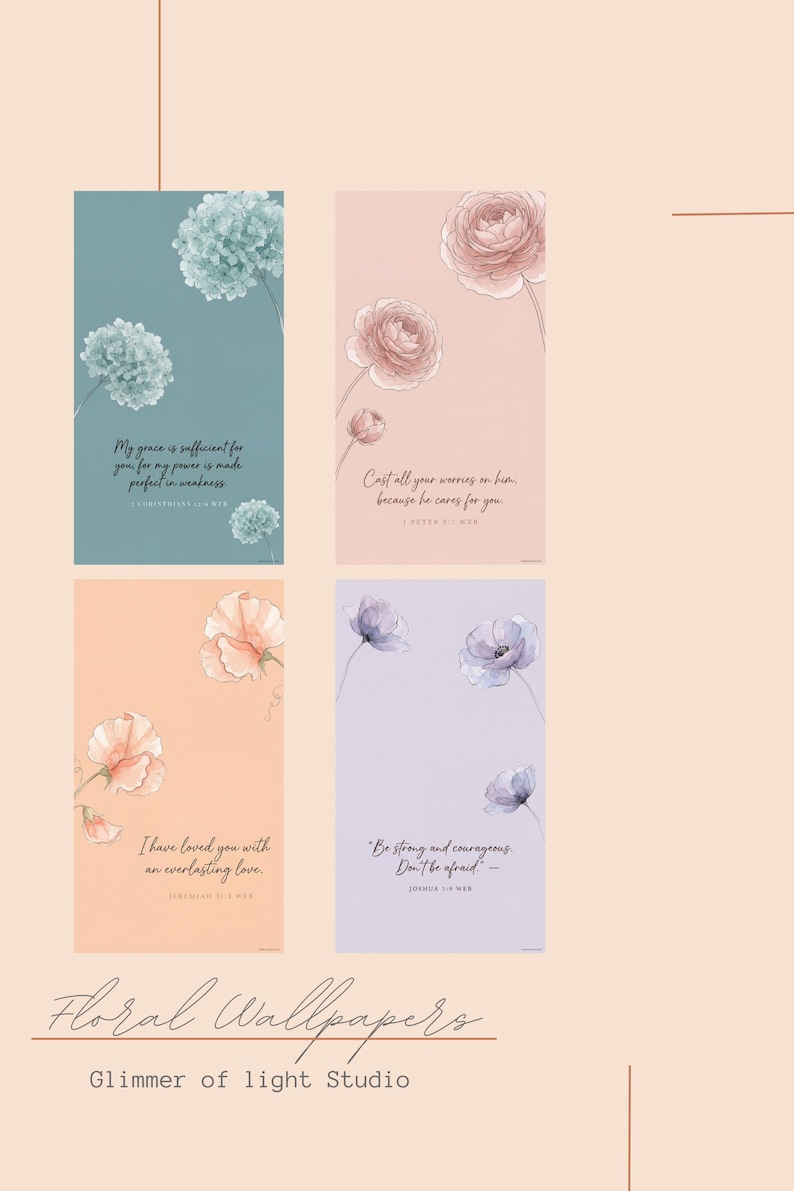 Puede incluir: Cuatro impresiones digitales rectangulares con ilustraciones florales y textos b&iacute;blicos. La superior izquierda es verde azulado con hortensias, la superior derecha es rosa con rosas, la inferior izquierda es melocot&oacute;n con guisantes de olor y la inferior derecha es lavanda.