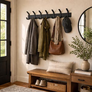 Modern Metal Coat Rack Wall Mounted | Industrial Entryway Black Hooks | Heavy Duty Metal Hook Rail | Sleek Wall Art Hanger | Hat Organizer