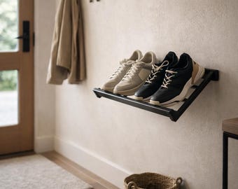 Półka na buty montowana na ścianie w przedpokoju | Wisząca metalowa półka na buty | Nowoczesny stojak na buty | Czarna, industrialna półka ścienna | Wytrzymały metalowy stojak na buty