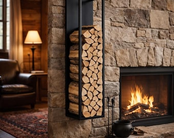 Industrial Wall Mounted Firewood Metal Rack | Metal Log Holder For Fireplace | Vertical Wood Storage | Space Saving Indoor Log Rack
