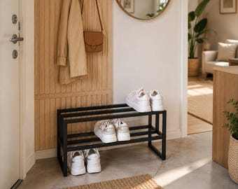 Modern Entryway Metal Shoe Rack | Industrial Black Steel Shoe Organizer | Japandi Entryway Storage | Modern Entryway Storage Shelf