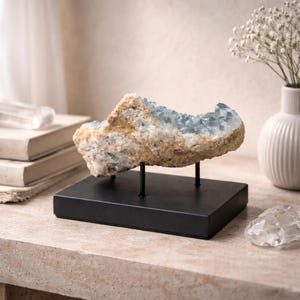 May include: A celestite crystal cluster with light blue crystal formations on a beige and white stone base. The crystal is mounted on a black metal stand with a black rectangular base. The background includes a white vase with flowers.