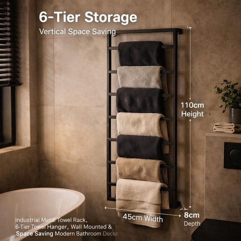 6-tier Industrial Metal Towel Rack | Wall Mounted Vertical Towel Hanger ...