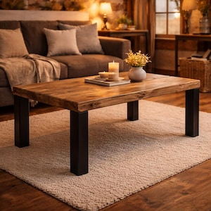 May include: A rectangular wooden coffee table with a natural finish and black metal legs. The table is placed on a beige rug in a living room setting. A sofa, candles, and a vase with flowers are visible.