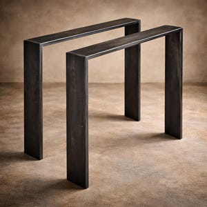 May include: Two dark metal console tables with a minimalist design. Each table has a rectangular top supported by four vertical legs. The tables are a dark, neutral color, suitable for various interior styles.