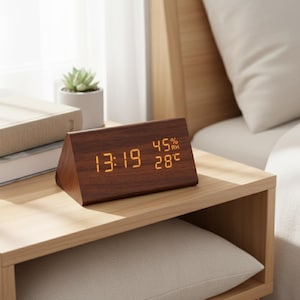 May include: A brown, triangular wooden digital clock displaying the time as 13:19, 45% humidity, and 28 degrees Celsius. The clock sits on a light brown nightstand next to a small potted plant and books.