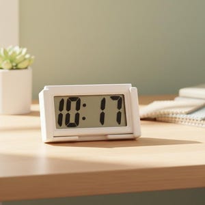 Könnte beinhalten: Ein weißer digitaler Wecker, der 10:17 anzeigt, auf einer Holzoberfläche. Die Uhr hat eine rechteckige Form mit einem schlichten, modernen Design. Eine kleine Topfpflanze und gefalteter Stoff befinden sich im Hintergrund.