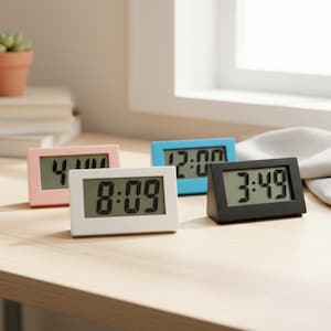 Pode incluir: Quatro pequenos relógios digitais em rosa, azul, branco e preto exibem horários diferentes. Os relógios são retangulares com um visor digital e estão sobre uma superfície de madeira clara. Uma pequena planta em vaso está ao fundo.